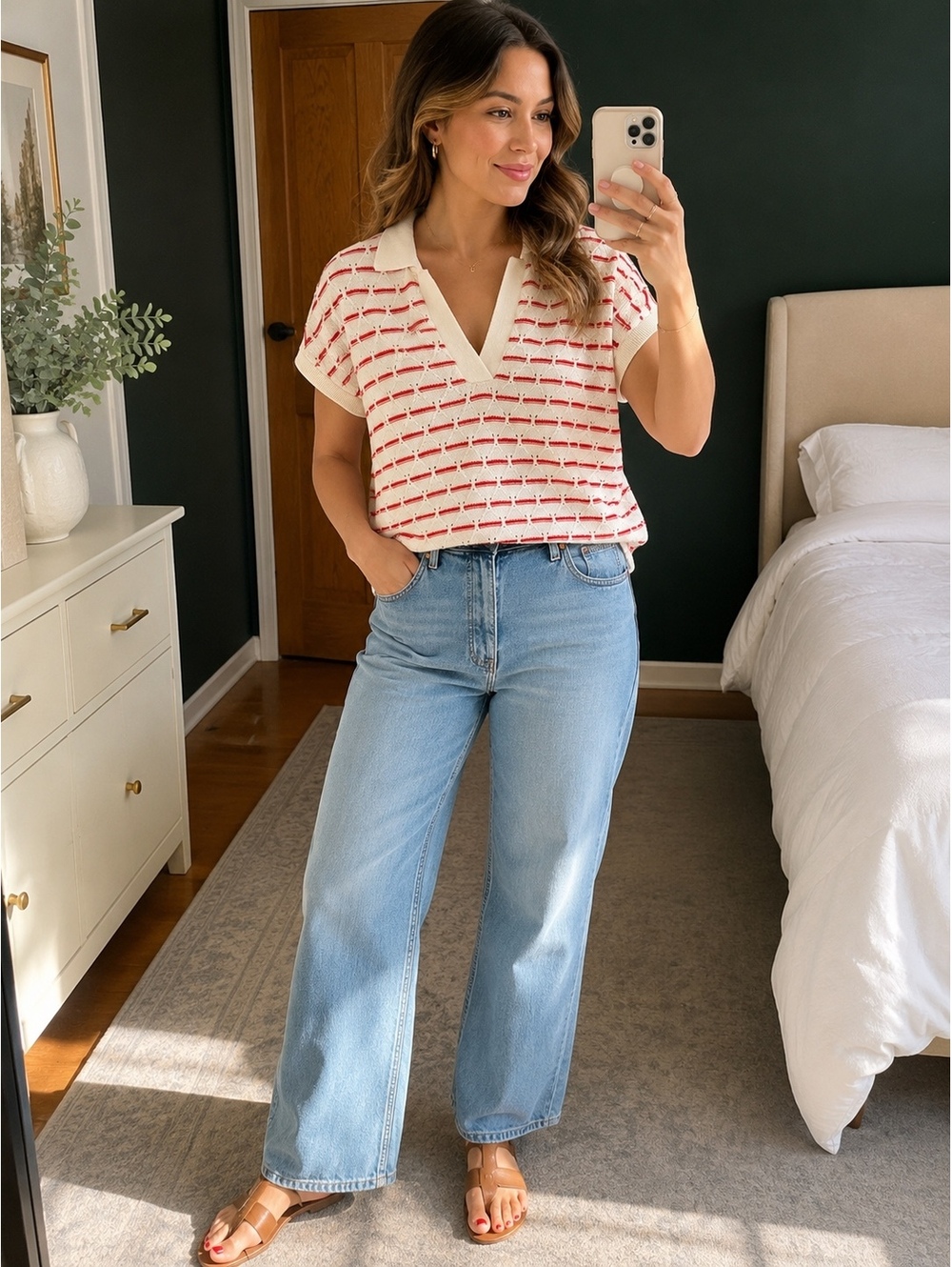 Madewell Pointelle Stripe Knit Polo Sweater XS Ivory Red Stripe Short Sleeve NWT
